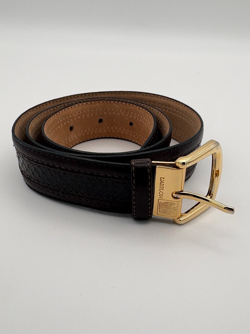 Vintage L'Aiglon France Brown Genuine Snakeskin Belt Gold Buckle 30/75